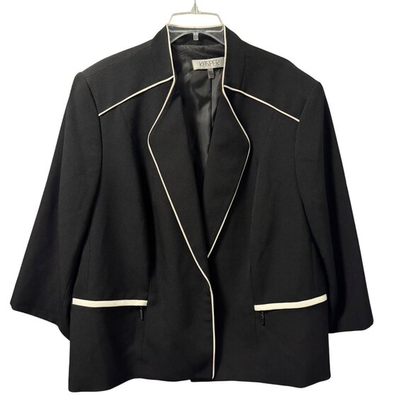 Kasper Plus Size Black Blazer With White Piping Size 24W Polyester Blend - Picture 1 of 12